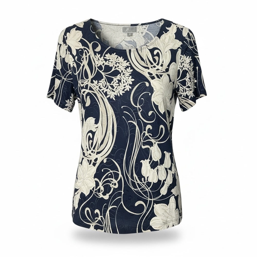JM Collection Navy and Cream Floral Short Sleeve Top
